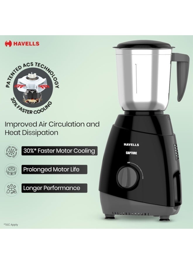 هافلز Havells Capture 500W Mixer Grinder 3 Stainless Steel Jars | 21000 RPM High-Speed Motor | Rust-Resistant 304 SS Blades | 1.5L Large Blending Jar | Overheat Protection | 1-Year Warranty (Black) - Image 2